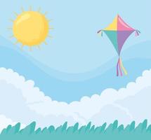 sky kite sun clouds grass nature background vector