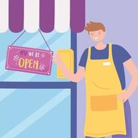 we are open sign, male employee with apron store front door signboard vector