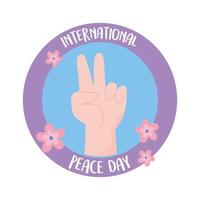 international peace day, hand peace and love gesture flowers vector