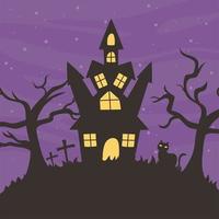 happy halloween, castle cat dry trees trick or treat party celebration vector