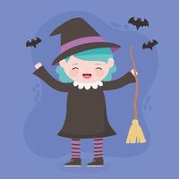 happy halloween, costume character girl witch with broom and bats, trick or treat, party celebration vector