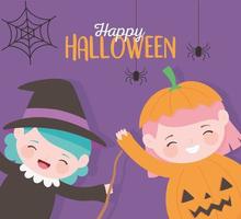 happy halloween, little girls witch and pumpkin costume character trick or treat, party celebration vector