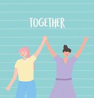 people together, funny young women holding hands, male and female cartoon characters vector