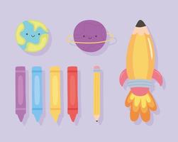 back to school, education cartoon rocket crayons and planets icons vector