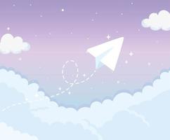 flying paper plane stars clouds background vector