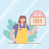 we are open sign young woman employee character with apron vector