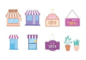 we are open sign store market facade and potted plants icons vector