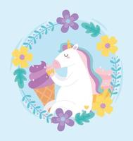 cute magical unicorn with cupcake ice cream wreath of flowers cartoon vector
