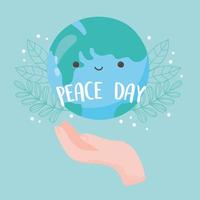 international peace day hand with globe map leaves foliage cartoon vector