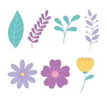 cartoon flowers branch leaves foliage nature decoration icons vector