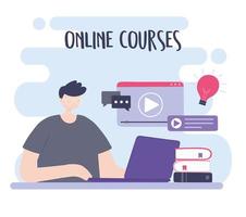 online training, boy using laptop video education, courses knowledge development internet vector