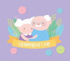 happy grandparents day, grandma and grandpa hugged character cartoon flowers ribbon card vector