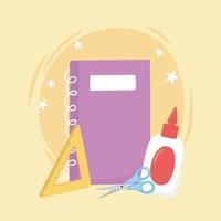 back to school, scissors notebook glue triangle ruler education cartoon vector