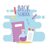 back to school, notebook laboratory flask pencil color education cartoon vector