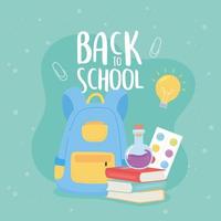 regreso a la escuela, libros mochila tubo de ensayo paleta color educación dibujos animados vector