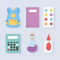 regreso a la escuela, mochila, paleta, color, pegamento, calculadora, cuaderno, química, matraz, iconos, educación, caricatura vector