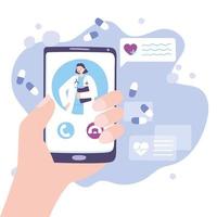 online doctor, hand with female doctor smartphone in call medical advice or consultation service vector