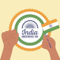 feliz día de la independencia de la india, manos levantadas con la bandera nacional celebraton vector