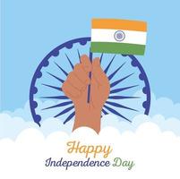 feliz día de la independencia de la india, mano levantada con bandera en poste con rueda vector