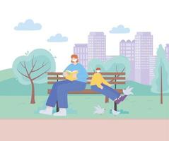 personas con mascarilla médica, mujer con niño en un banco en el parque, actividad de la ciudad durante el coronavirus vector