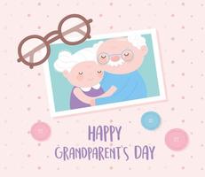 feliz día de los abuelos, linda foto con abuelo y abuela glsses y botones tarjeta de dibujos animados vector