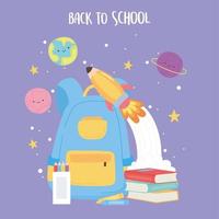 back to school, backpack books pencils rocket and planets education cartoon vector