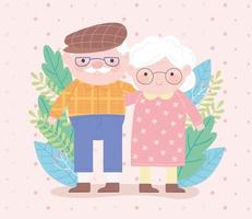 Feliz día de los abuelos, pareja de ancianos con gafas y hojas, tarjeta de dibujos animados de carácter de naturaleza vector