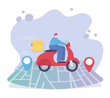 servicio de entrega en línea, hombre en motocicleta en el mapa de navegación, transporte rápido y gratuito, envío de pedidos, sitio web de la aplicación vector