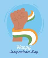 feliz día de la independencia de la india, envuelto con la mano levantada con el símbolo de la bandera vector
