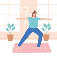 Mujer practicando ejercicios de pose de yoga virabhadrasana, estilo de vida saludable, práctica física y espiritual vector