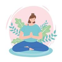 Mujer practicando ejercicios de postura de loto de yoga, estilo de vida saludable, práctica física y espiritual vector