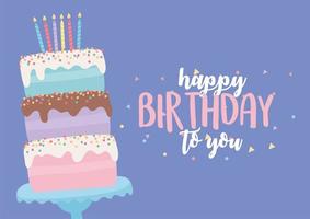 happy birthday, sweet cake with candles and lettering decoration celebration party vector