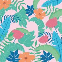 tropical leaves flowers pattern, vivid foliage, with monstera palm leaf pink background vector