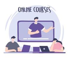 capacitación en línea, seminario web de hombre en video, personas con computadora portátil, cursos de desarrollo de conocimientos a través de internet vector