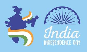 feliz día de la independencia de la india, mapa con bandera evento de rueda nacional vector