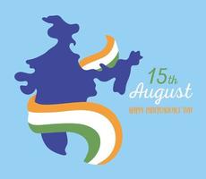 feliz día de la independencia de la india, mapa envuelto con bandera india vector