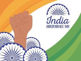feliz día de la independencia de la india, mano levantada y ruedas emblema nacional vector