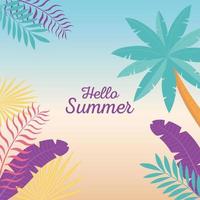 hello summer, tropical tree palm leaves foliage gradient background vector