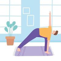 man practicing yoga trikonasana pose exercises, healthy lifestyle, physical and spiritual practice vector