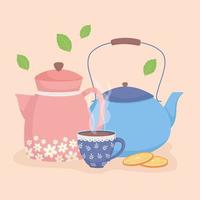 la hora del café y el té, hervidores y una taza de té caliente con rodajas de naranja vector