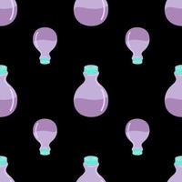 A seamless pattern with magic potions, bottles, jars isolated on a black background. Vector illustration