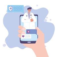 telemedicina, mano con teléfono inteligente médico soporte en línea vector