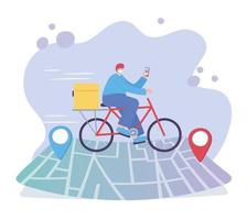 servicio de entrega en línea, hombre montando bicicleta con teléfono inteligente en el mapa de navegación, transporte rápido y gratuito, envío de pedidos, sitio web de la aplicación vector