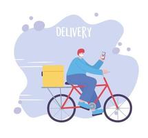 servicio de entrega en línea, hombre montando bicicleta con máscara y teléfono inteligente, transporte rápido y gratuito, envío de pedidos vector