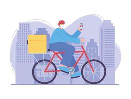 servicio de entrega en línea, hombre en bicicleta con máscara y teléfono inteligente en la calle de la ciudad, transporte rápido y gratuito, envío de pedidos vector