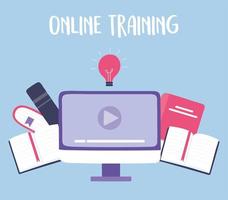 online training, computer video books creativity, courses knowledge development using internet vector