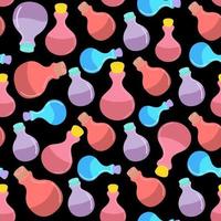 A seamless pattern with magic potions, bottles, jars isolated on a black background. Vector illustration