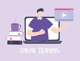 online training, man computer seminar books video, courses knowledge development using internet vector