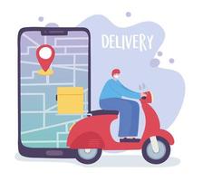 online delivery service, man in moped smartphone tracking, fast and free transport, order shipping, app website vector