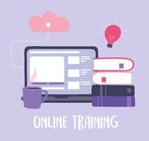 online training, laptop books cloud computing information, courses knowledge development using internet vector